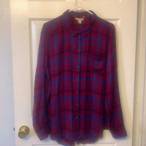 Lucky Brand Maroon and Blue plaid Flannel Button down shirt Size XL - Picture 3 of 8